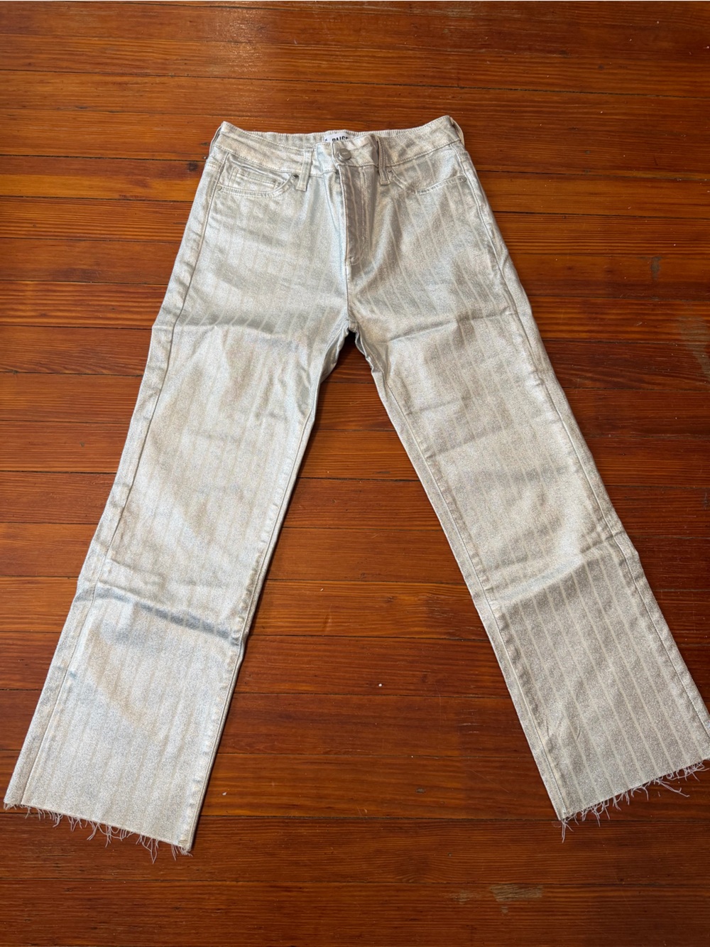 Paige Silver Metallic Striped Straight-Leg Jeans Size 27
